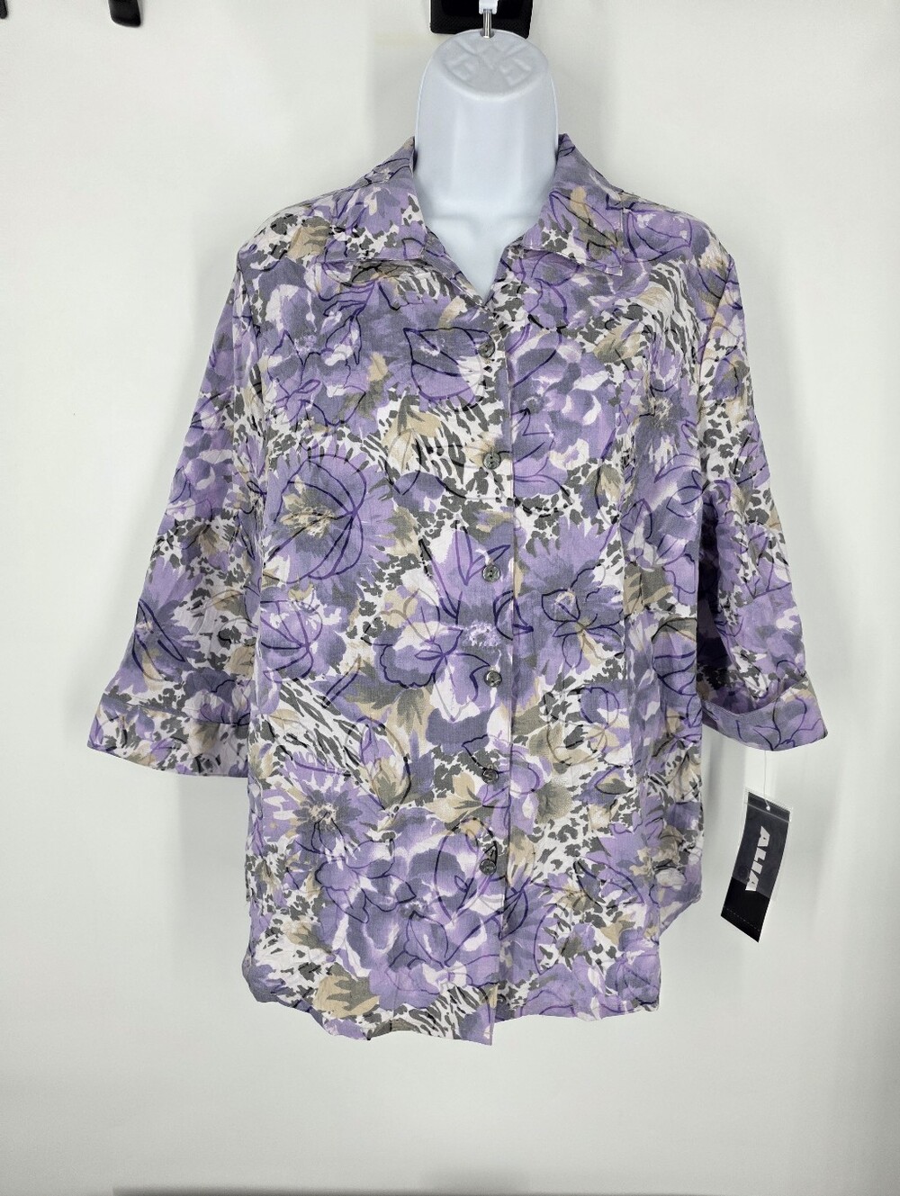 NWT ALIA Abstract Floral Button Front Blouse Purple Multi 3/4 Sleeve Size 10